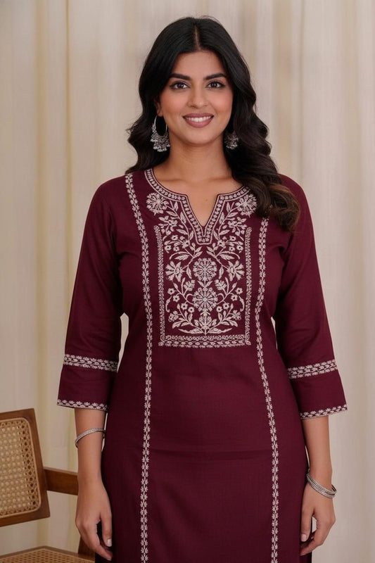 Women's Cotton Embroidered Straight kurti With relaxed fit Pant