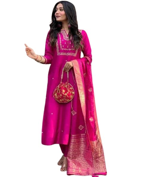 LoomBella LifestyleWomen's Viscose Silk Heavy Embroidered Straight Kurta With Trouser & Banarasi Jacquard Dupatta Set