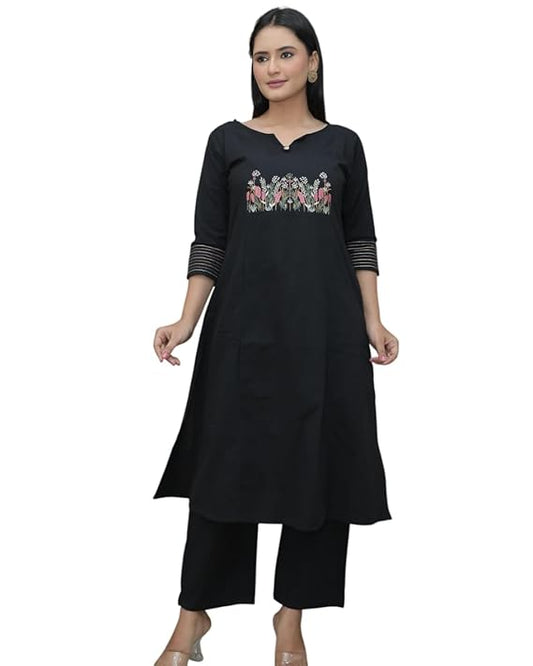 LoomBella LifestyleWomen's Cotton Embroidered Straight Kurti with Pant Set