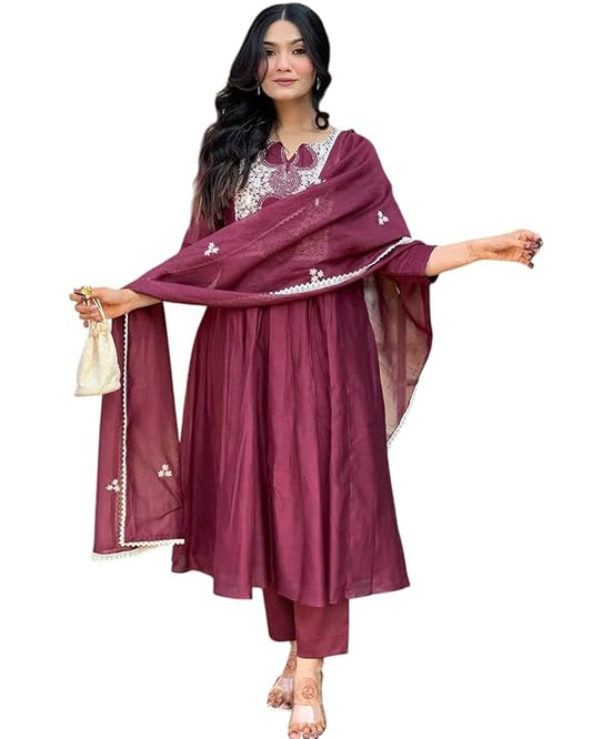LoomBella LifestyleWomen's Cotton Printed Anarkali Kurti with Pant and Mulmul Dupatta Set