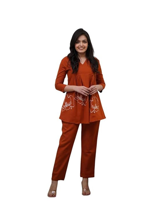 LoomBella LifestyleWomen's Cotton Rose Printed Short Anarkali Kurta with Pant Cord Set
