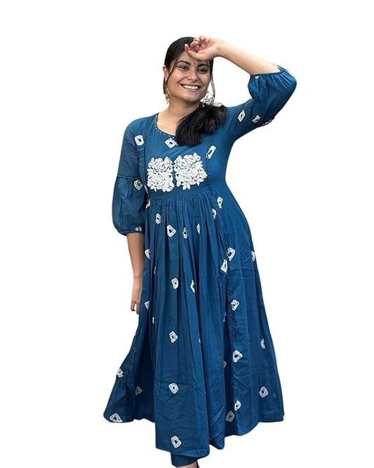 LoomBella LifestyleWomen's Cotton Printed Long Anarkali Kurti with Pant