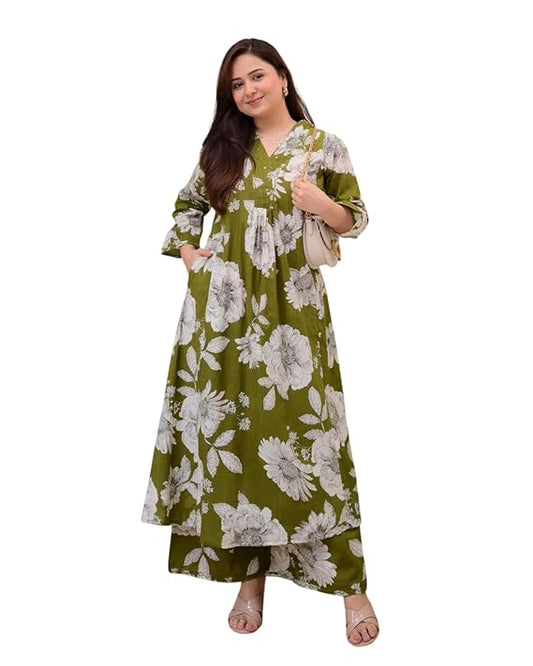 LoomBella Lifestyle Women's Cotton Floral Printed Straight Kurti with Pant Set