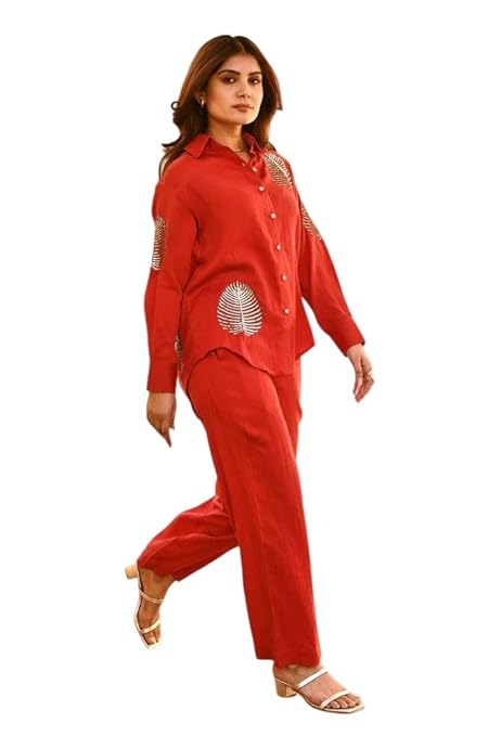 LoomBella LifestyleWomen's Cotton Tunic & Straight Office Wear Collar-Neck Full Sleeves Suit Trouser and Top Set for Women Western Cord Set