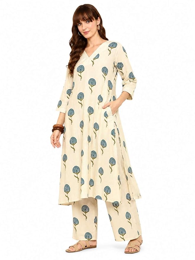 Women's Beige Printed Cotton Kurta with Palazzo Co-Ord Set | V-Neck Casual Ethnic Wear