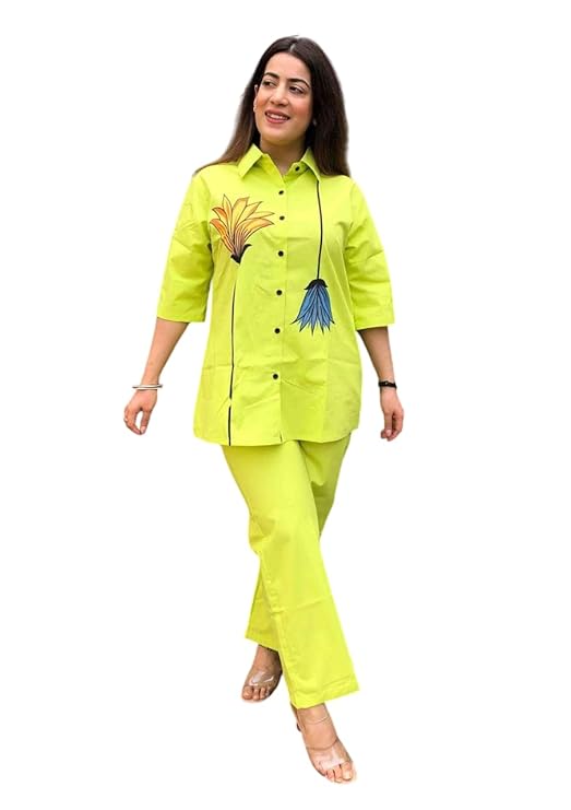 LoomBella Lifestyle Women's Cotton Floral Printed Straight Short Shirt Kurti with Pant