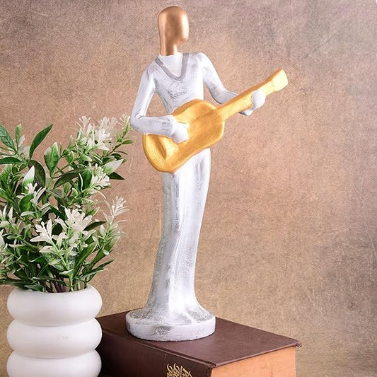 FAB CRAFT STUDIO Modern Metal Musician Golden White Statue Resin Figurine Contemporary Art Music Decor Metal Sculpture, Modern Home Decor, Musician Gift