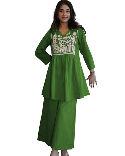 LoomBella Lifestyle Women's Cotton Embroidered Short Anarkali Kurti with Pant