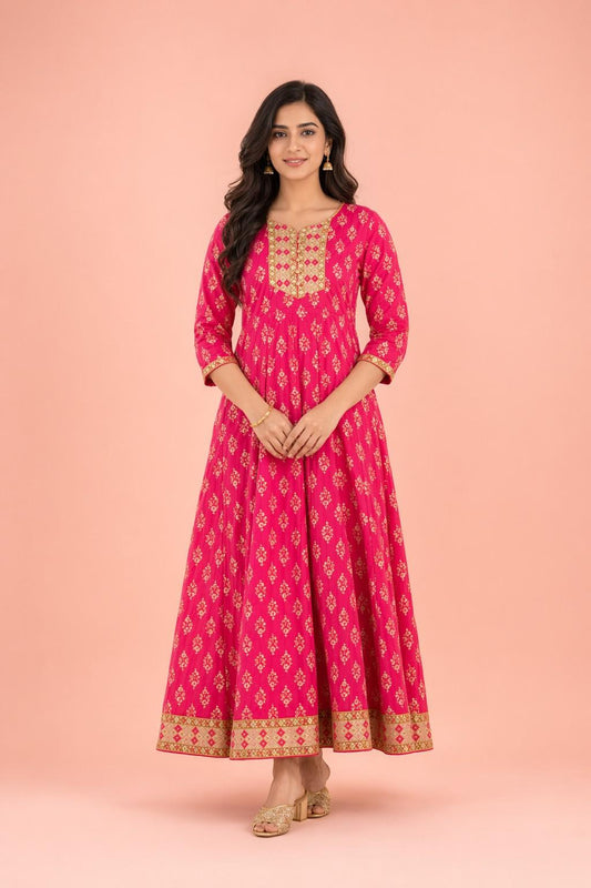 Fab Craft Studio Women's Rayon Printed Anarkali Short Kurti Gown
