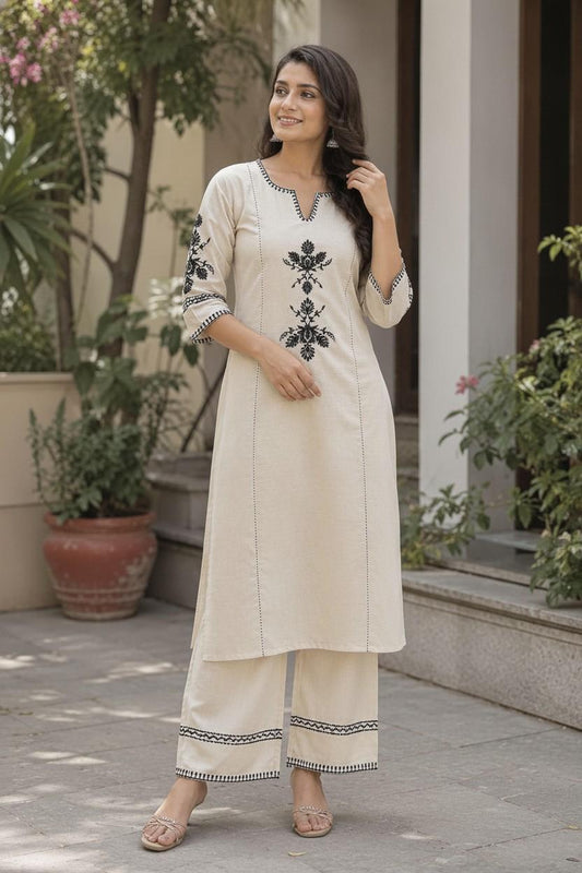 Women's Cotton Embroidered Straight kurti With relaxed fit Pant