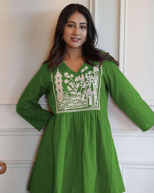 LoomBella Lifestyle Women's Cotton Embroidered Short Anarkali Kurti with Pant