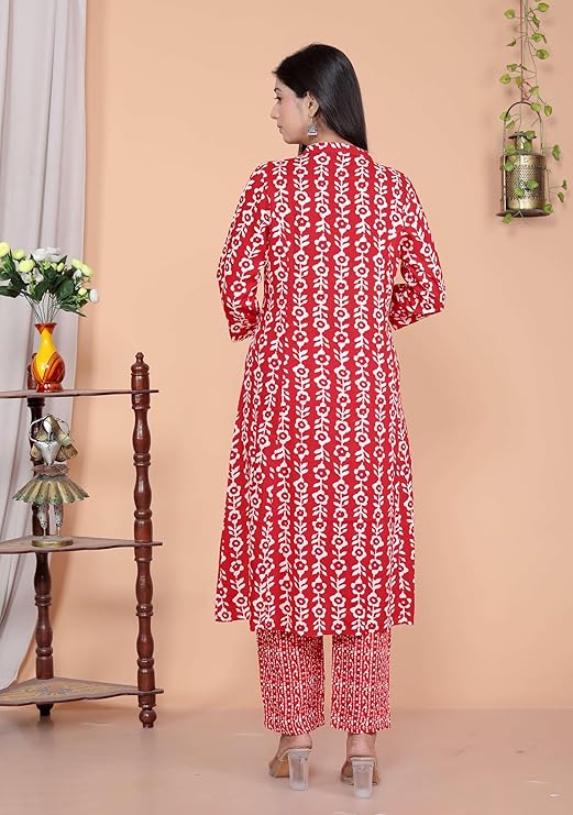 LoomBella LifestyleWomen's Rayon Floral Printed Mandarin Collar A-Line Kurti with Trousers
