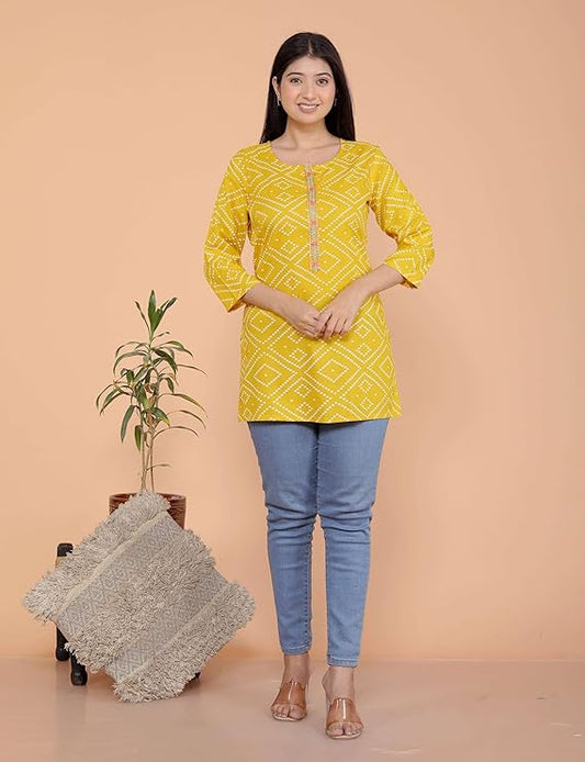 LoomBella Lifestyle Bandhej Printed Straight Kurti Perfect for Casual, Formal, and Ethnic Wear