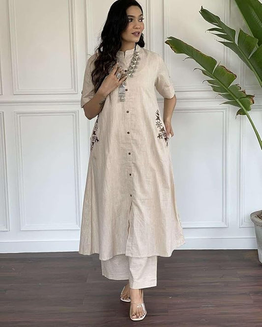 LoomBella Lifestyle Women's Cotton Embroidered A-Line Kurti with Pant