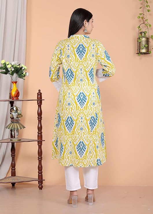 LoomBella Lifestyle Women's Cotton Printed Mandarin Collar A-Line Kurti with Pant