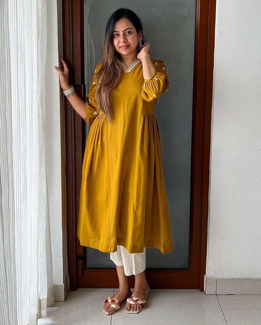 LoomBella LifestyleWomen's Cotton Embroidered Anarkali Kurti with Pant