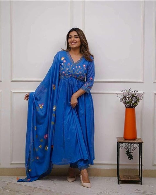 LoomBella Lifestyle Women's Cotton Embroidered Long Anarkali Kurti with Pant and Dupatta Set