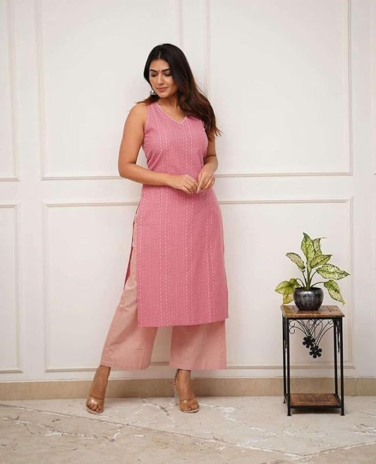 LoomBella LifestyleWomen's Cotton Printed Sleeveless Straight Kurti with Pant Set