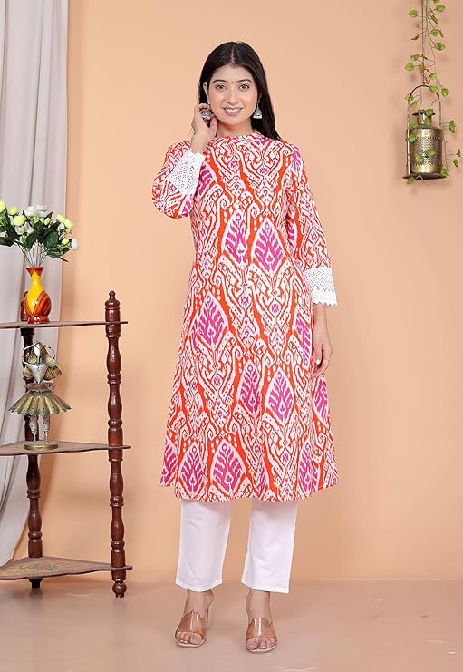 LoomBella LifestyleWomen's Cotton Printed Mandarin Collar A-Line Kurti with Pant
