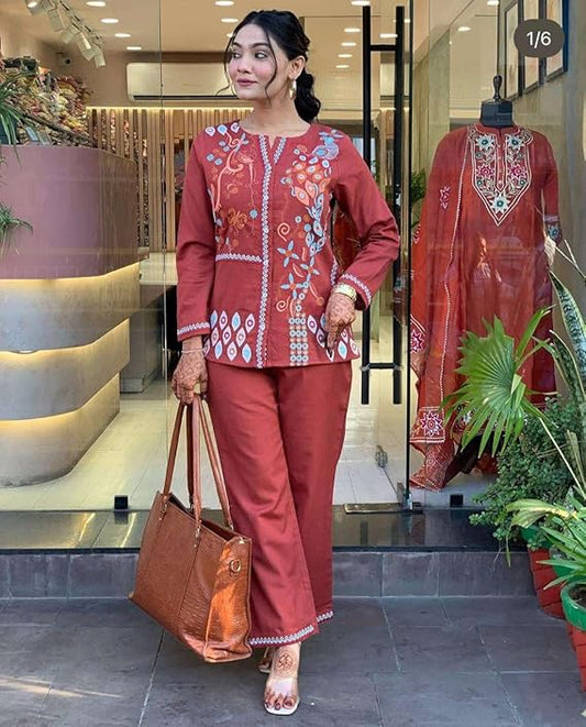 LoomBella LifestyleWomen's Cotton Embroidery Straight Kurti with Pant Set