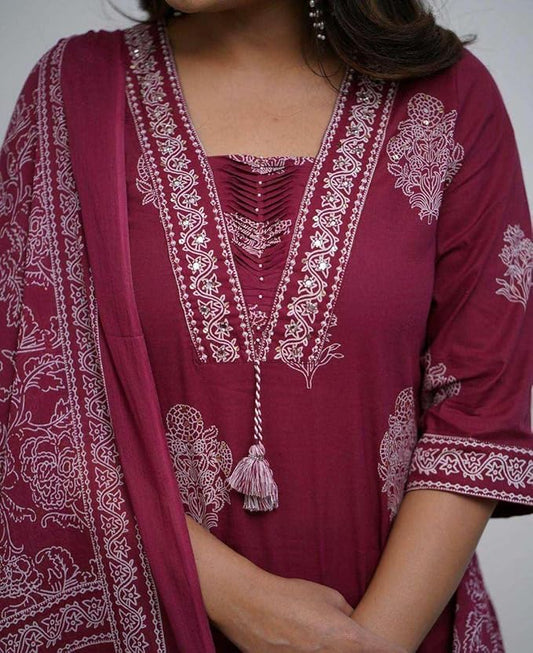 LoomBella LifestyleWomen's Cotton Printed Straight Kurti with Pant and Dupatta Set