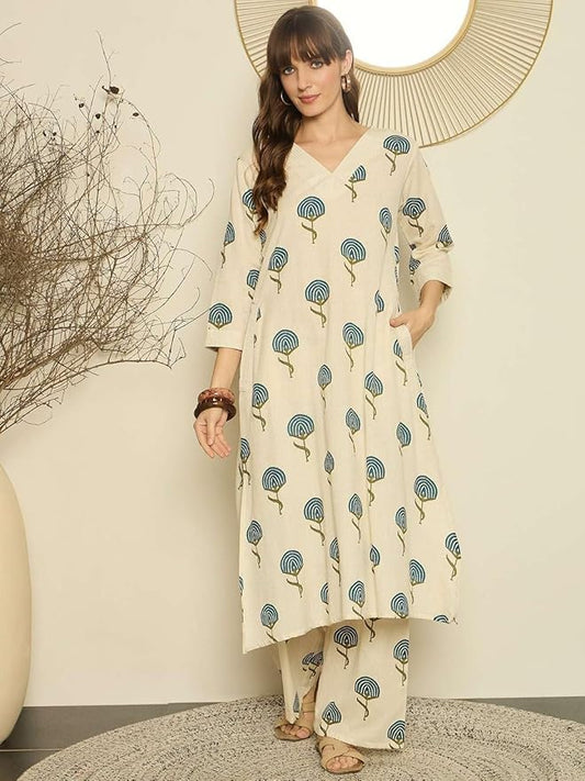 Women's Beige Printed Cotton Kurta with Palazzo Co-Ord Set | V-Neck Casual Ethnic Wear