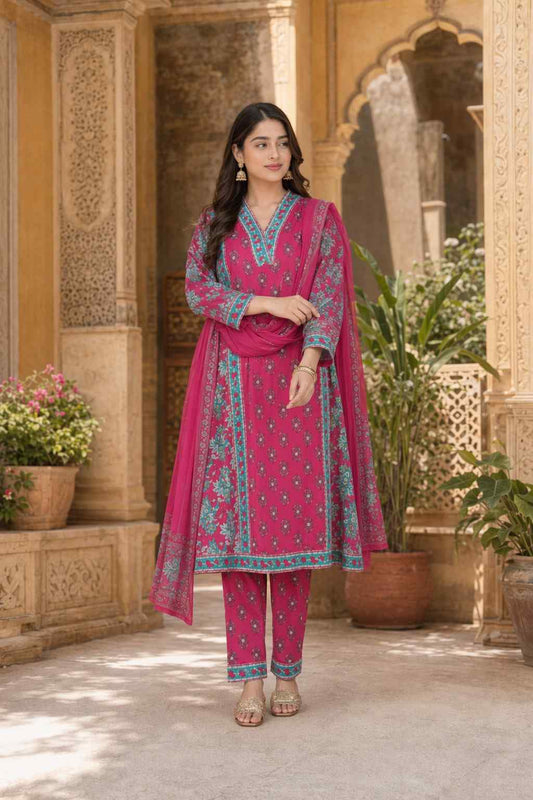Fab Craft Studio Women's Cotton Printed Straight Kurti With Pant and Dupatta Set