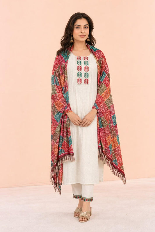 Fab Craft Studio Women's Cotton Chikankari Print Straight Kurti with Pant and Mulmul Dupatta Set