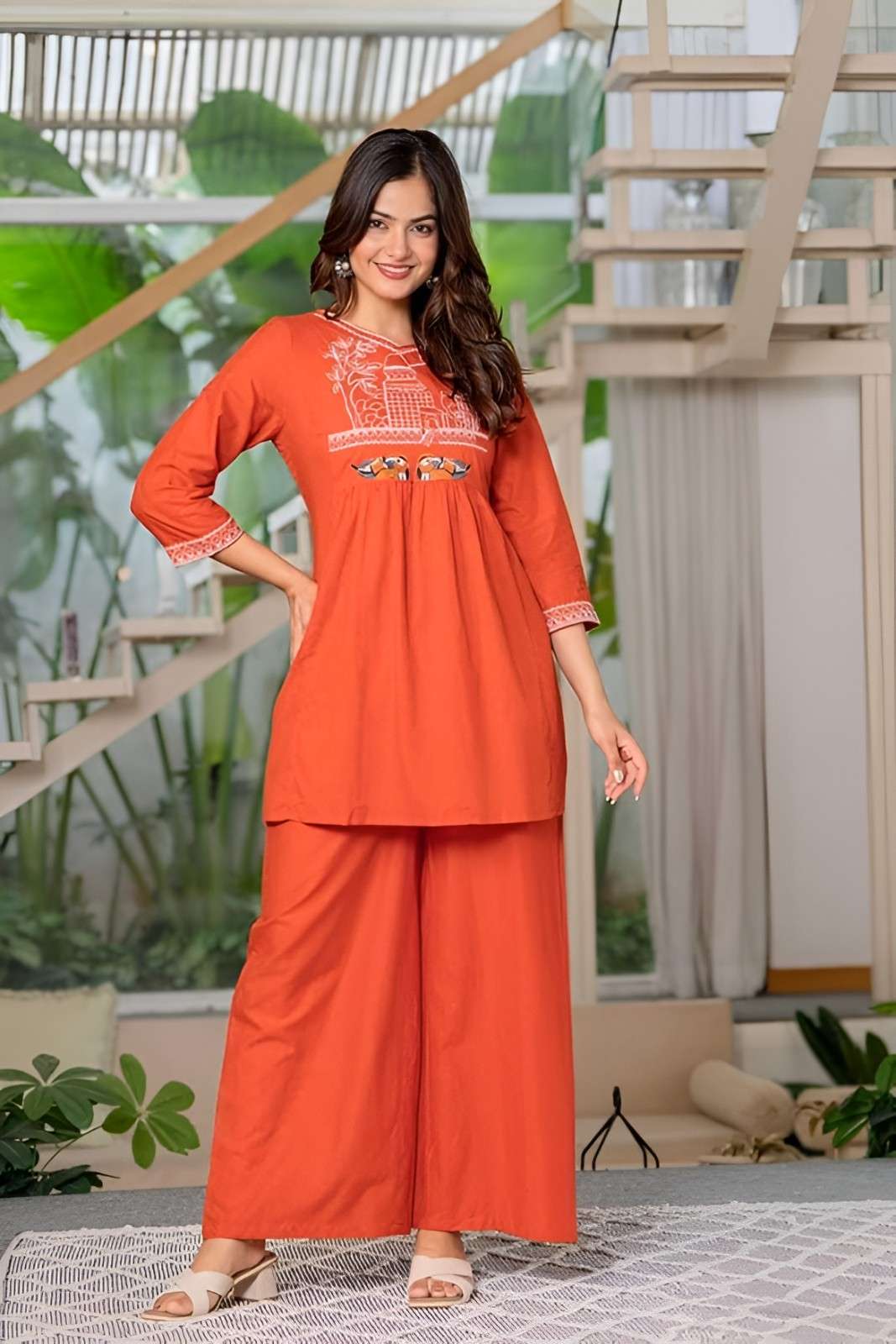 Women's Cotton Embroidered Short Anarkali Kurti with Pant (Orange)