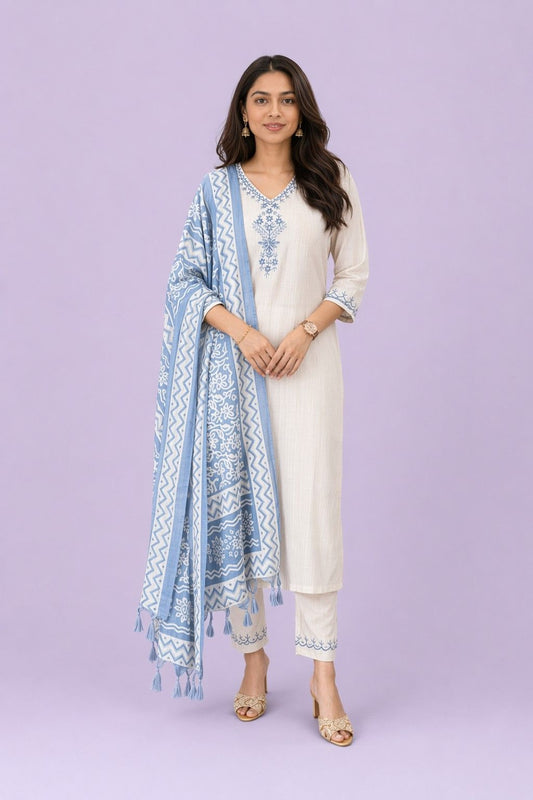 Fab Craft Studio Women's Cotton Embroiderd Straight Kurti with Pant and Printed Dupatta Set