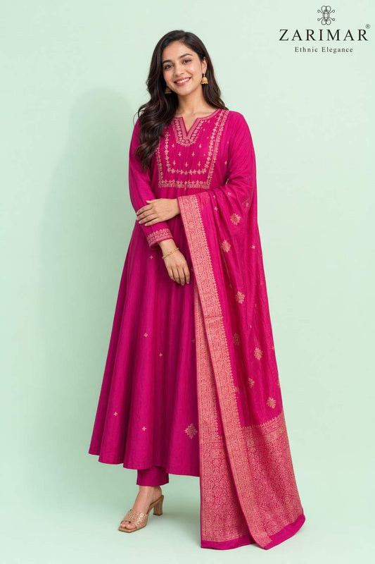Fab Craft Studio Women's Viscose Silk Heavy Embroidered Straight Kurta With Trouser & Banarasi Jacquard Dupatta Set