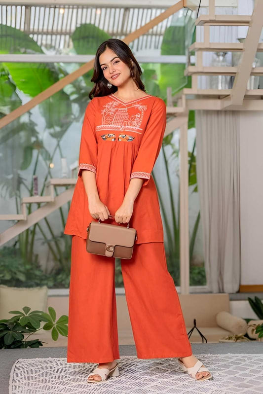 Women's Cotton Embroidered Short Anarkali Kurti with Pant (Orange)