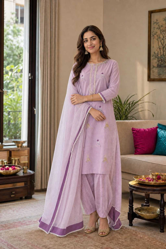 Women's Cotton Embroidered Straight Kurti with Pant and Dupatta Set