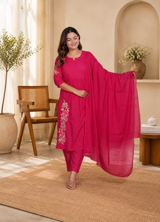 LoomBella Lifestyle Women's Cotton Embroidered Straight Kurti With Pant and Dupatta Set