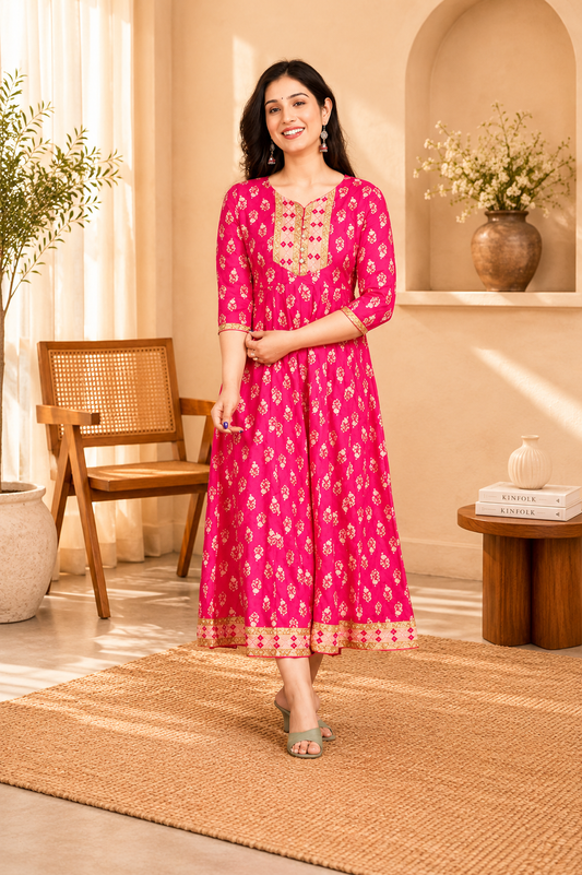 LoomBella LifestyleWomen's Rayon Printed Anarkali Short Kurti Gown