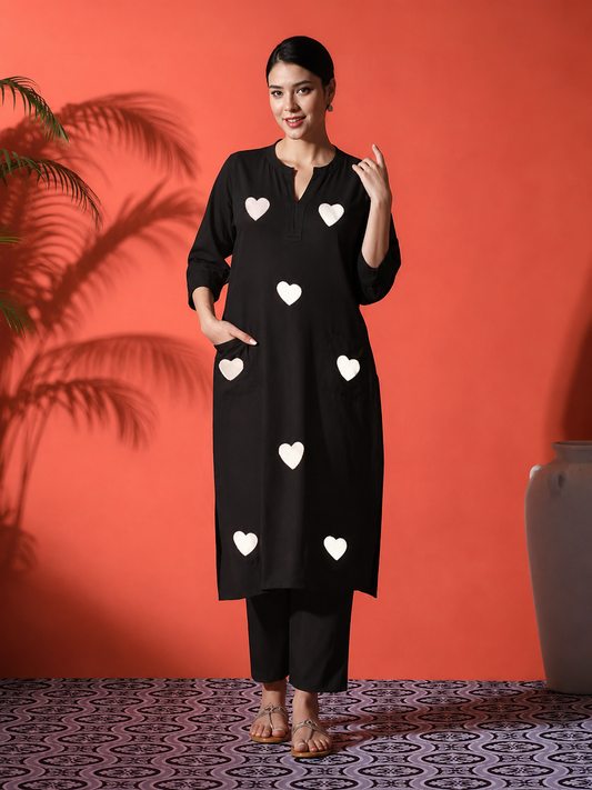 LoomBella LifestyleWomen's Cotton Embroidered Straight Kurti with Pant Set