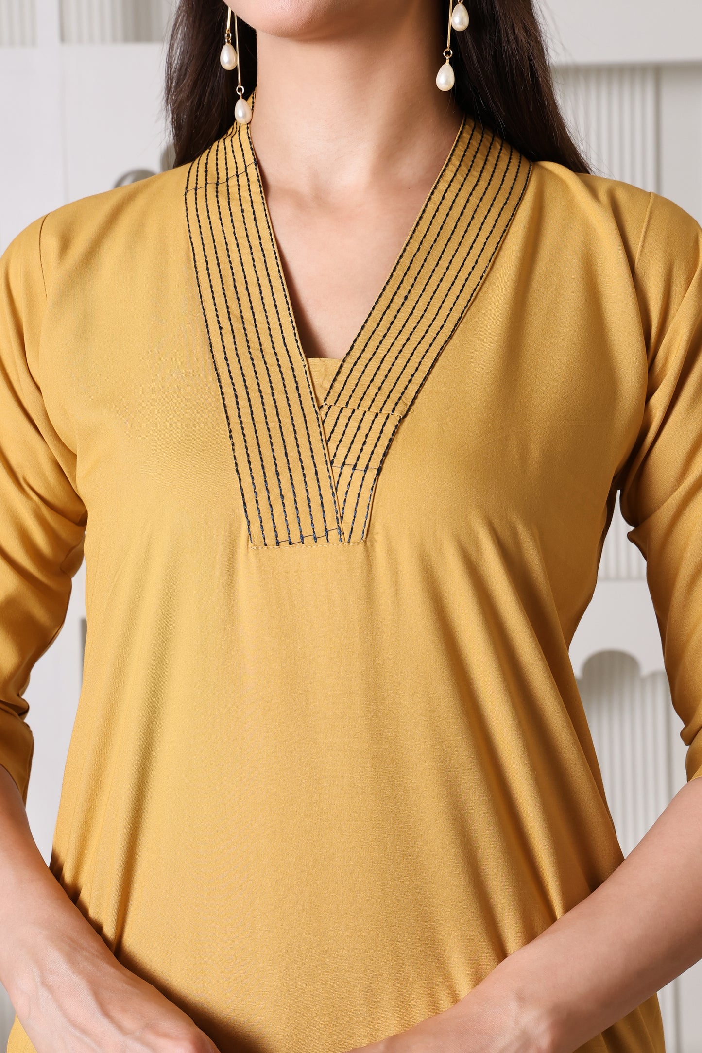 Mustard Yellow Floral Appliqué Kurta Palazzo Set for Women