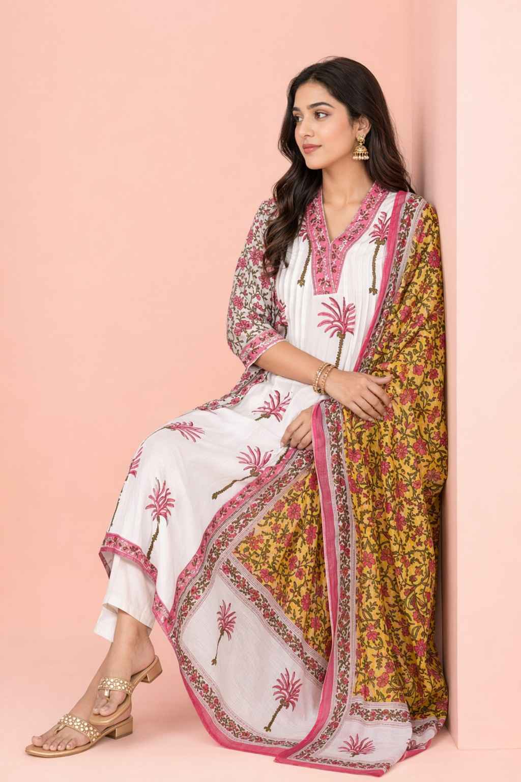 Fab Craft Studio Women's Cotton Printed Straight Kurti With Pant and Dupatta Set