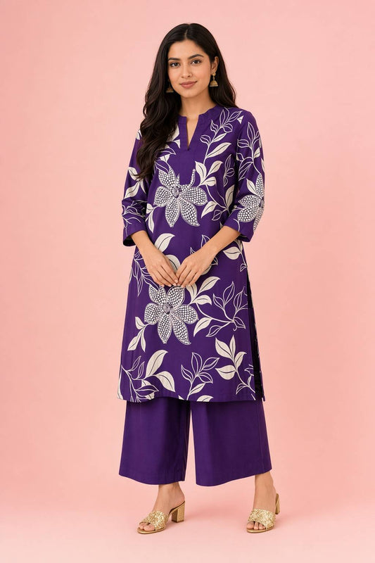 LoomBella Lifestyle Women's Cotton Floral Printed Straight Kurti with Pant Set