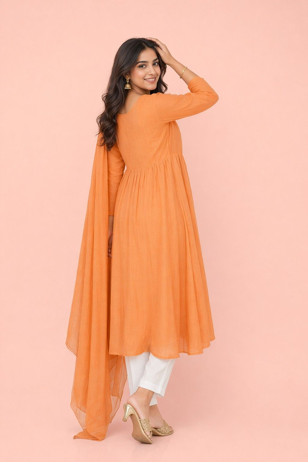 Fab Craft Studio Women's Cotton Embroidered Anarkali Kurti With Pant and Dupatta Set