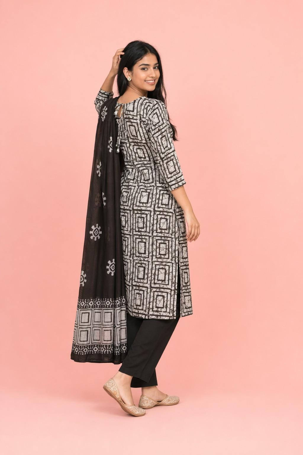 Fab Craft Studio Women's Cotton Hand Block Printed Straight Kurti with Pant and Printed Dupatta