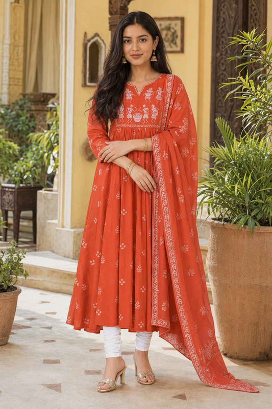 Fab Craft Studio Women's Contton Floral Embroidered Round Neck Regular Kurti Pant Dupatta Set