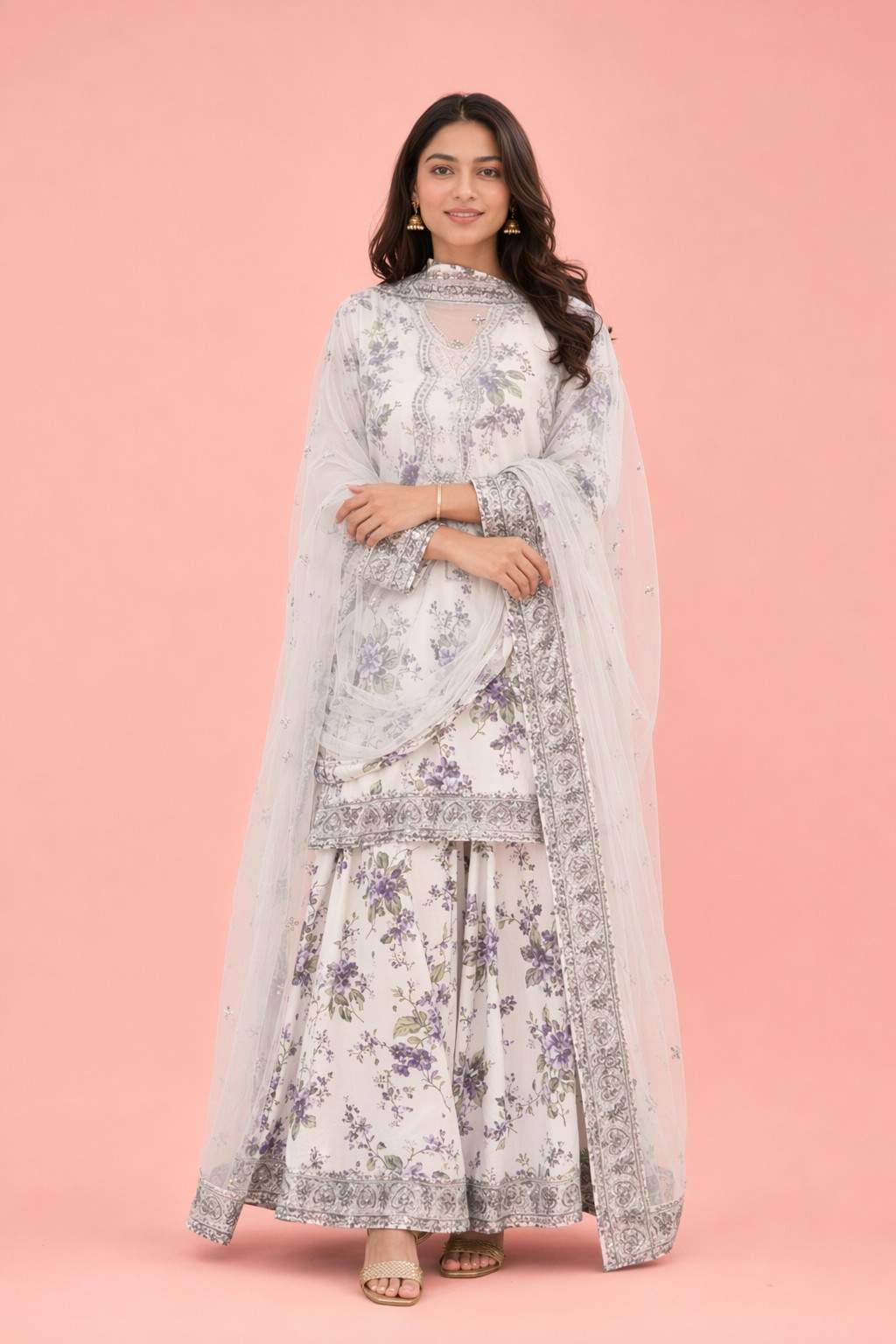 Women's Premium White Floral Printed Kurta Pant Set with Soft Net Dupatta