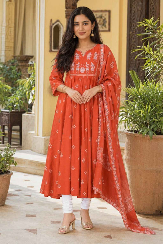 Fab Craft Studio Women's Contton Floral Embroidered Round Neck Regular Kurti Pant Dupatta Set