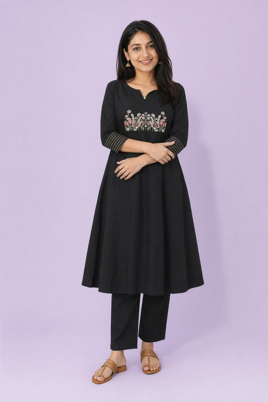 LoomBella LifestyleWomen's Cotton Embroidered Straight Kurti with Pant Set