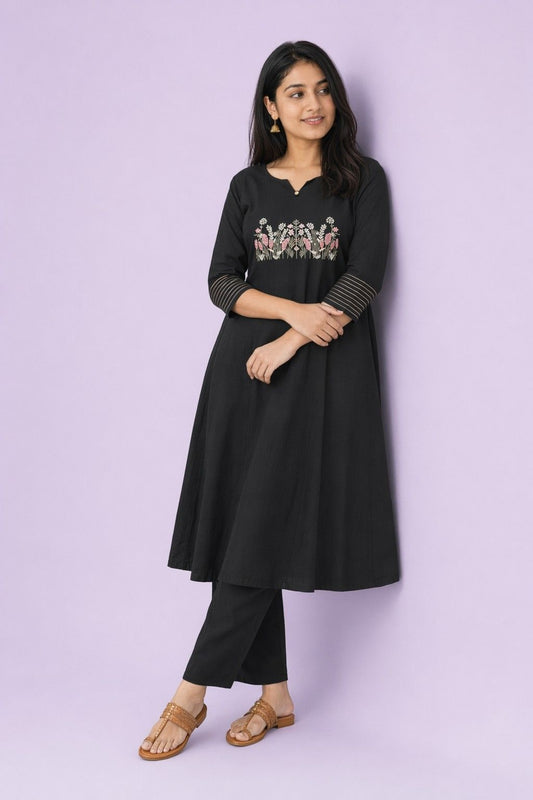LoomBella LifestyleWomen's Cotton Embroidered Straight Kurti with Pant Set