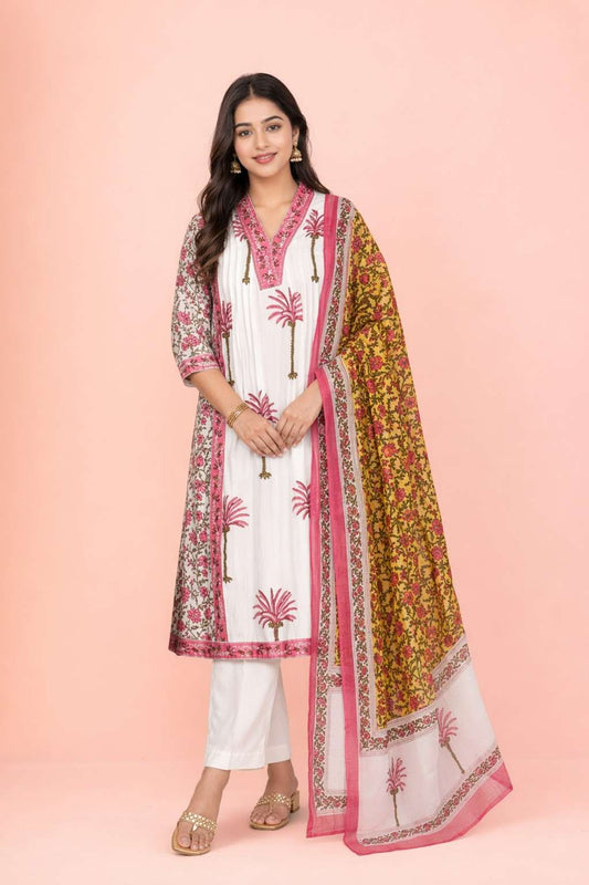 Fab Craft Studio Women's Cotton Printed Straight Kurti With Pant and Dupatta Set
