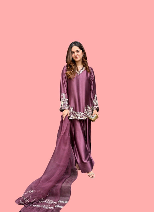 Wine Purple Embroidered Premium Silk Kurta & Palazzo Set with Organza Dupatta