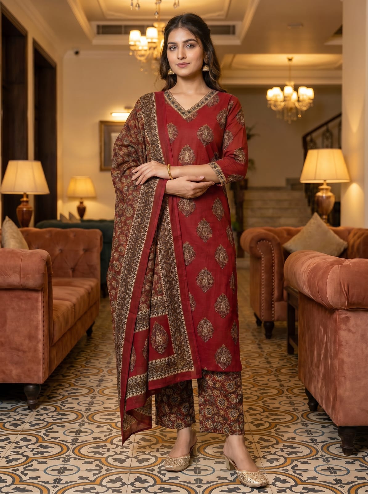 Premium Cotton 60×60 Straight Fit Kurti with Plazo & Dupatta Set
