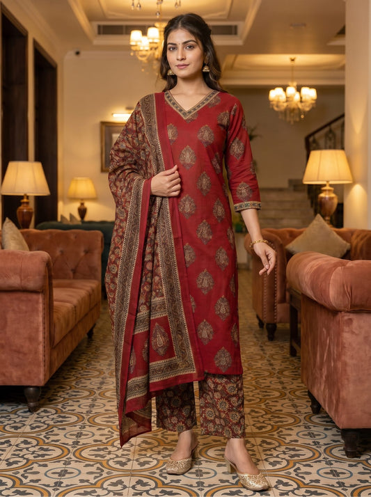 Premium Cotton 60×60 Straight Fit Kurti with Plazo & Dupatta Set